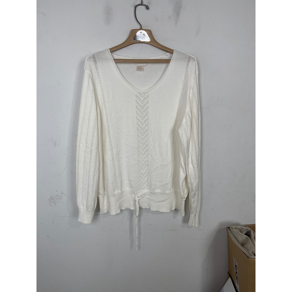 Maurada‎ Womens White V-Neck Pointelle Knit Drawstring Waist Sweater Size 3X